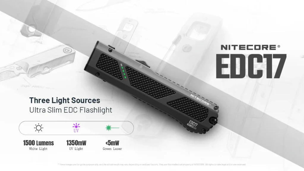 Nitecore EDC17 1500 Lumen Rechargeable Flat EDC Flashlight with White LED, UV & Green Laser edc17 nitecore.webp